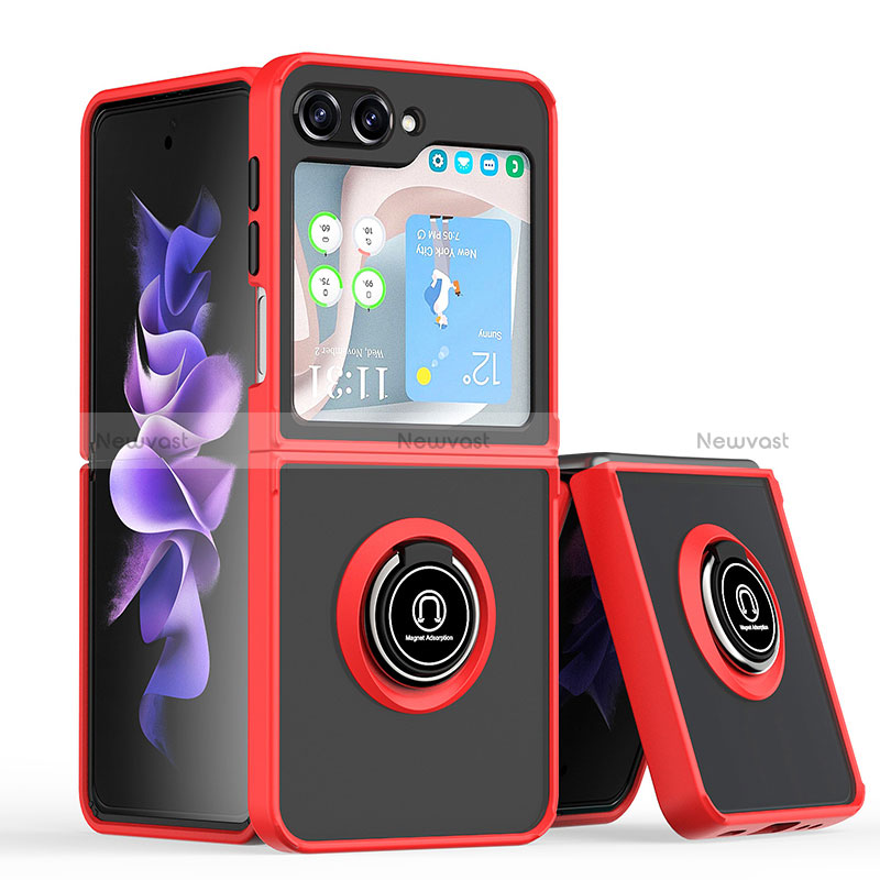 Silicone Matte Finish and Plastic Back Cover Case with Magnetic Finger Ring Stand QW2 for Samsung Galaxy Z Flip5 5G Red