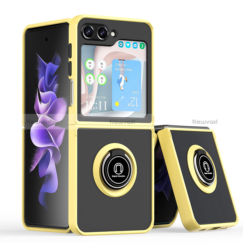 Silicone Matte Finish and Plastic Back Cover Case with Magnetic Finger Ring Stand QW2 for Samsung Galaxy Z Flip5 5G Yellow