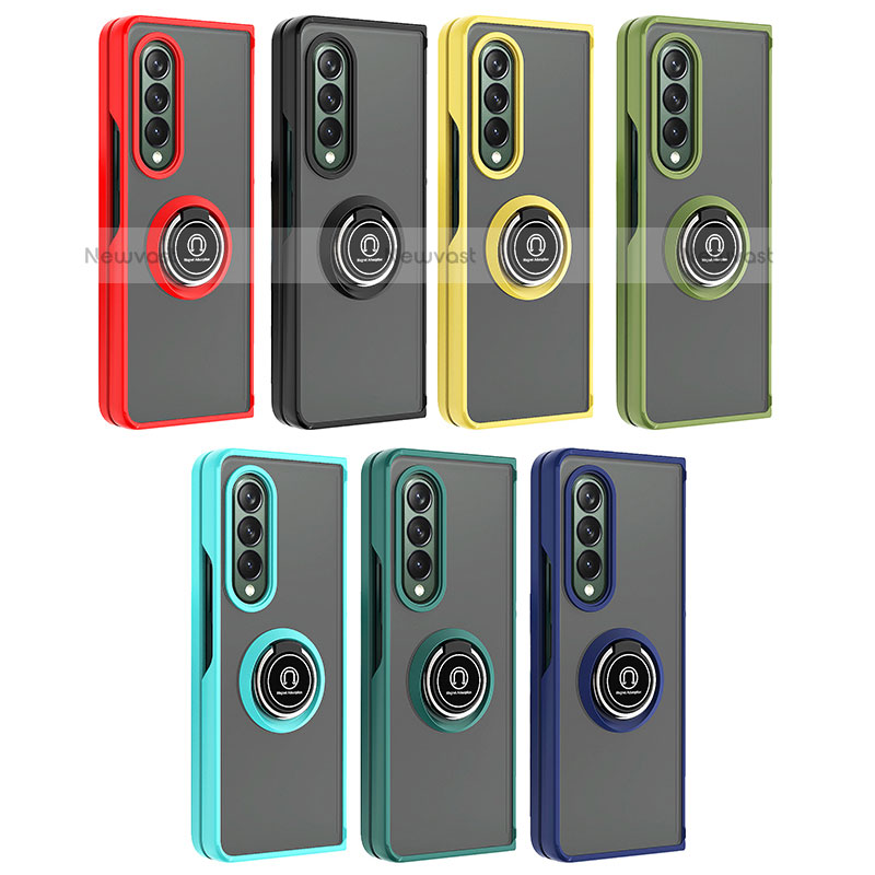 Silicone Matte Finish and Plastic Back Cover Case with Magnetic Finger Ring Stand QW2 for Samsung Galaxy Z Fold3 5G