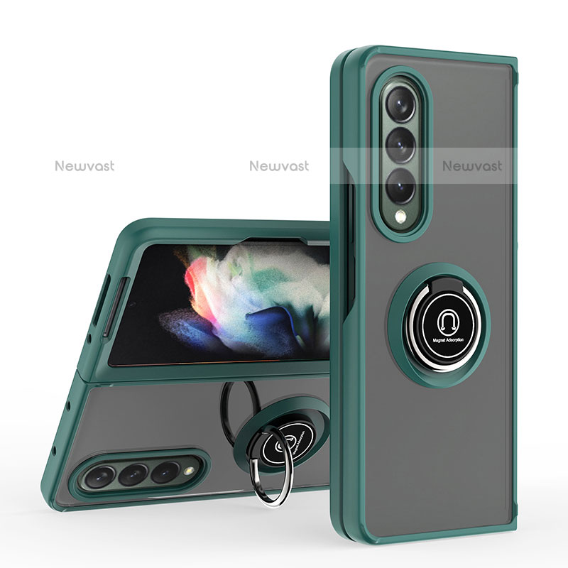 Silicone Matte Finish and Plastic Back Cover Case with Magnetic Finger Ring Stand QW2 for Samsung Galaxy Z Fold3 5G Midnight Green