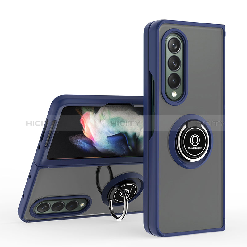 Silicone Matte Finish and Plastic Back Cover Case with Magnetic Finger Ring Stand QW2 for Samsung Galaxy Z Fold4 5G