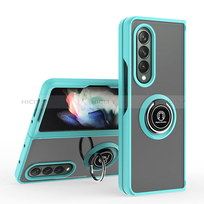 Silicone Matte Finish and Plastic Back Cover Case with Magnetic Finger Ring Stand QW2 for Samsung Galaxy Z Fold4 5G Cyan