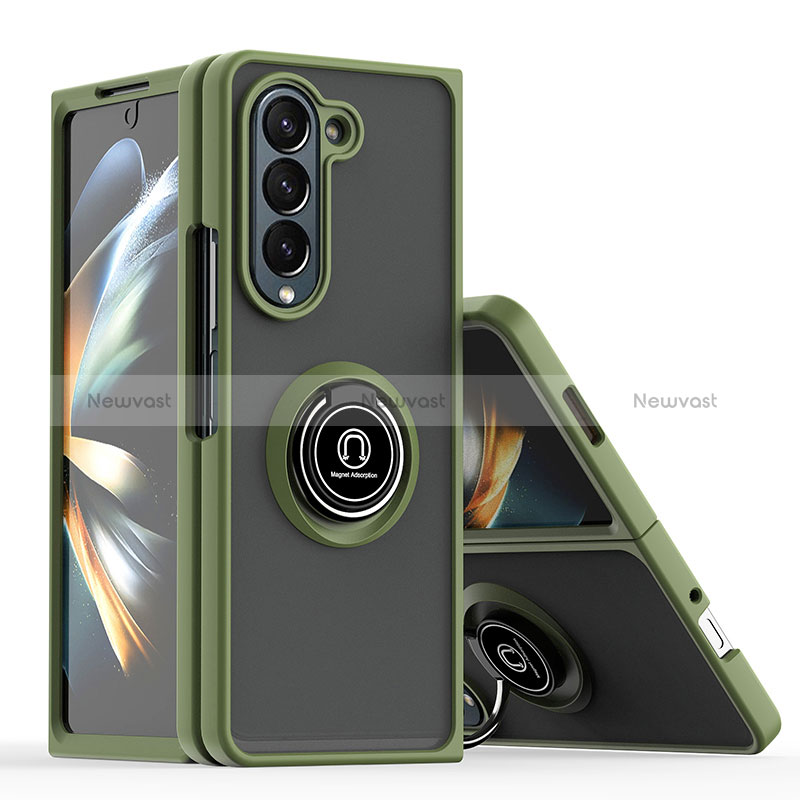 Silicone Matte Finish and Plastic Back Cover Case with Magnetic Finger Ring Stand QW2 for Samsung Galaxy Z Fold5 5G Army green