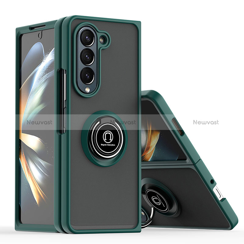 Silicone Matte Finish and Plastic Back Cover Case with Magnetic Finger Ring Stand QW2 for Samsung Galaxy Z Fold5 5G Midnight Green