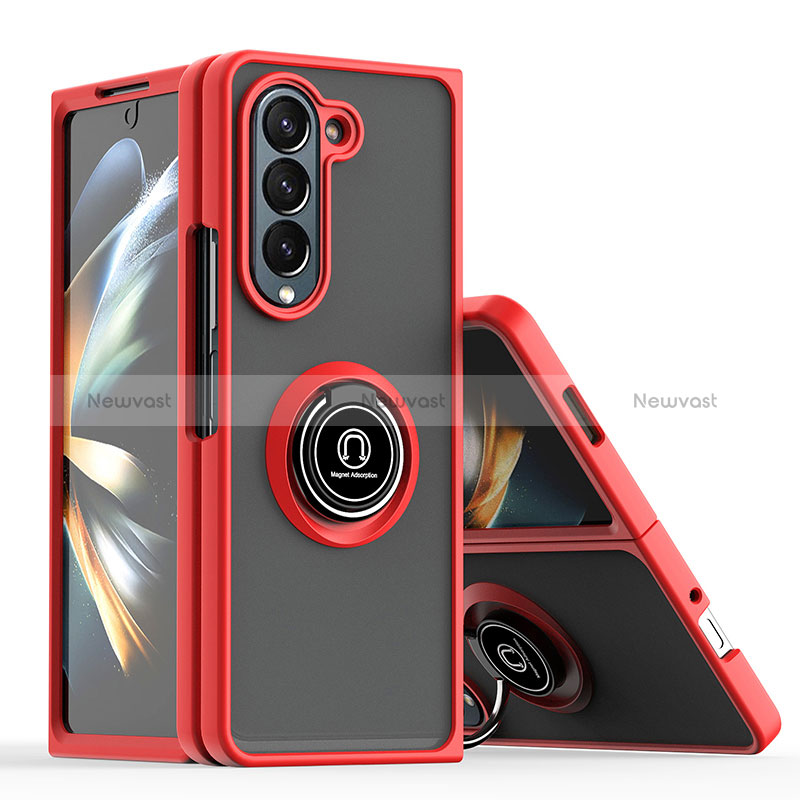 Silicone Matte Finish and Plastic Back Cover Case with Magnetic Finger Ring Stand QW2 for Samsung Galaxy Z Fold5 5G Red