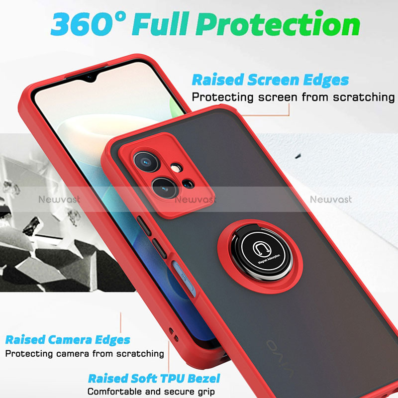 Silicone Matte Finish and Plastic Back Cover Case with Magnetic Finger Ring Stand QW2 for Vivo T1 5G India