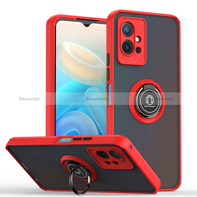 Silicone Matte Finish and Plastic Back Cover Case with Magnetic Finger Ring Stand QW2 for Vivo T1 5G India