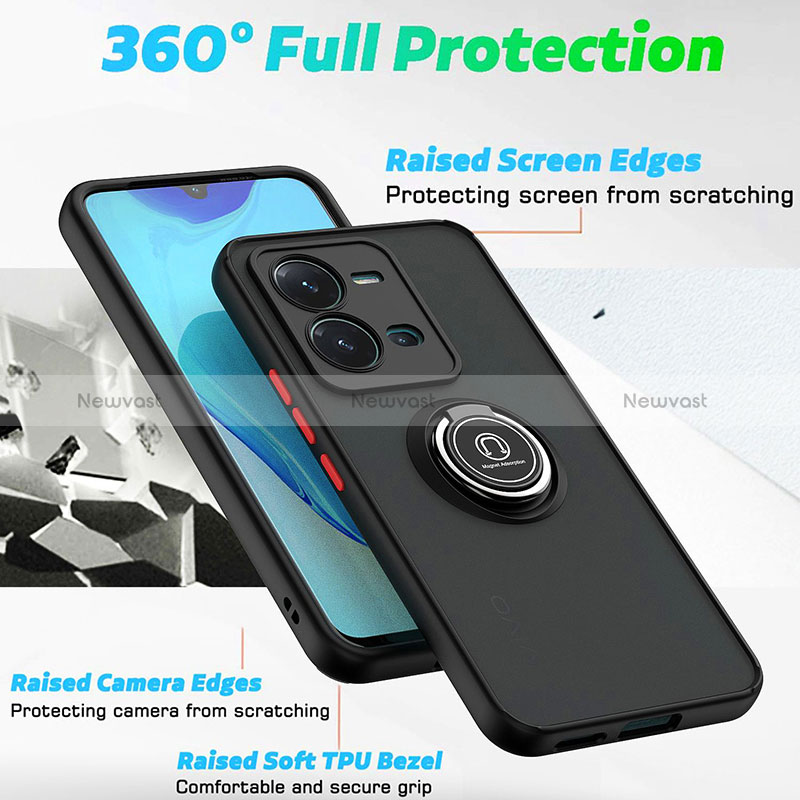 Silicone Matte Finish and Plastic Back Cover Case with Magnetic Finger Ring Stand QW2 for Vivo V25e