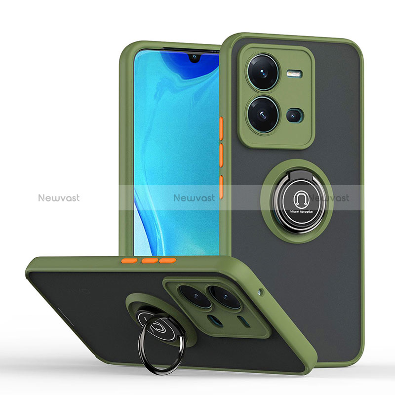 Silicone Matte Finish and Plastic Back Cover Case with Magnetic Finger Ring Stand QW2 for Vivo V25e Army green