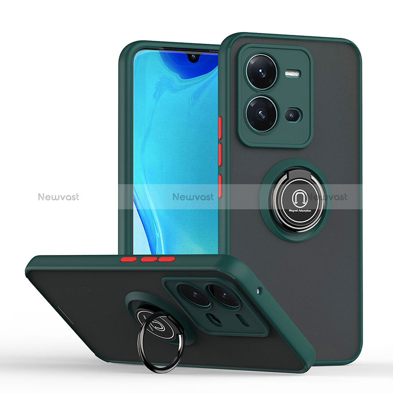 Silicone Matte Finish and Plastic Back Cover Case with Magnetic Finger Ring Stand QW2 for Vivo V25e Midnight Green