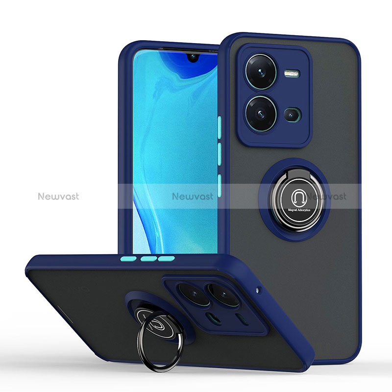 Silicone Matte Finish and Plastic Back Cover Case with Magnetic Finger Ring Stand QW2 for Vivo X80 Lite 5G Blue