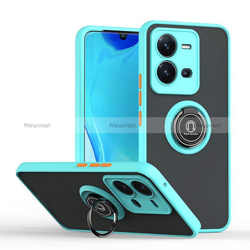 Silicone Matte Finish and Plastic Back Cover Case with Magnetic Finger Ring Stand QW2 for Vivo X80 Lite 5G Cyan