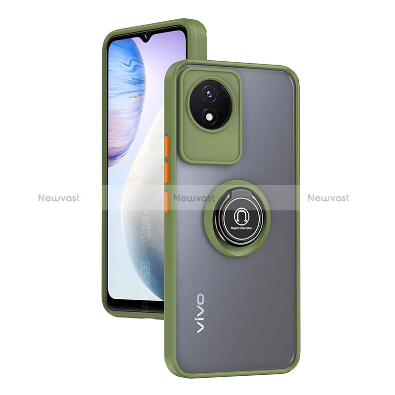 Silicone Matte Finish and Plastic Back Cover Case with Magnetic Finger Ring Stand QW2 for Vivo Y02