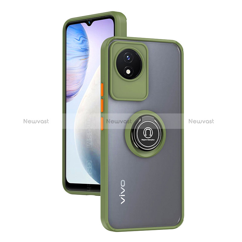 Silicone Matte Finish and Plastic Back Cover Case with Magnetic Finger Ring Stand QW2 for Vivo Y02 Army green