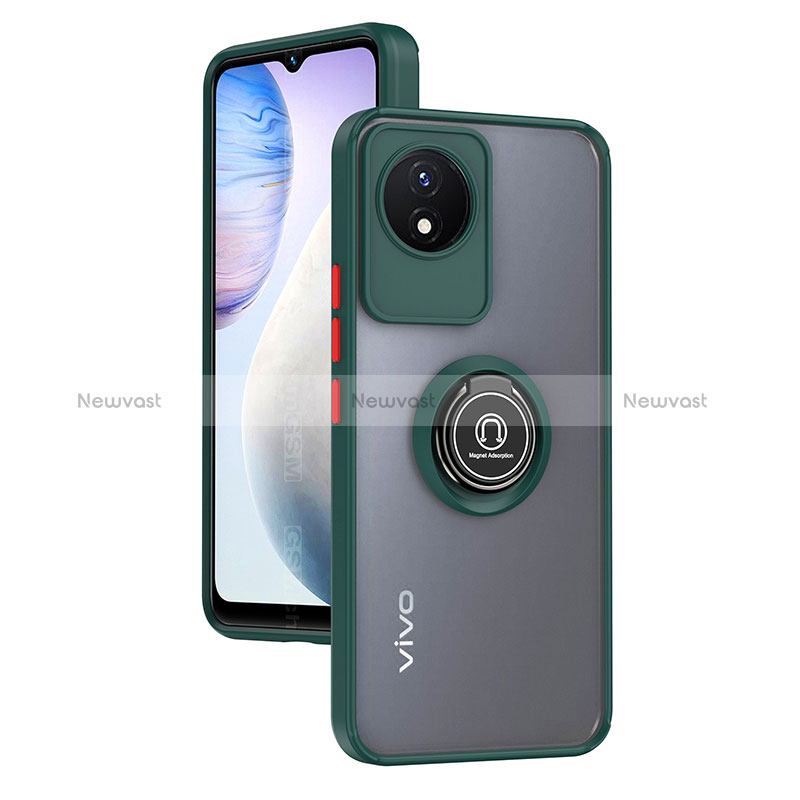 Silicone Matte Finish and Plastic Back Cover Case with Magnetic Finger Ring Stand QW2 for Vivo Y11 (2023) Midnight Green