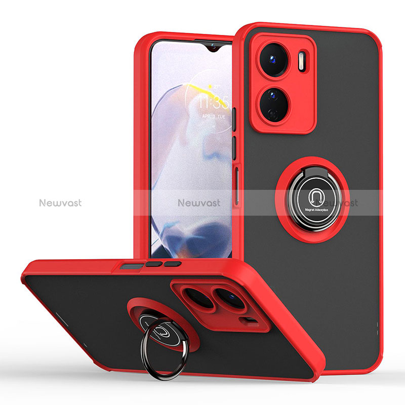 Silicone Matte Finish and Plastic Back Cover Case with Magnetic Finger Ring Stand QW2 for Vivo Y16