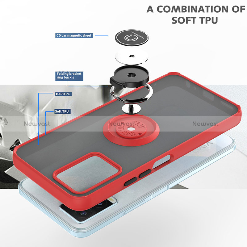 Silicone Matte Finish and Plastic Back Cover Case with Magnetic Finger Ring Stand QW2 for Vivo Y21