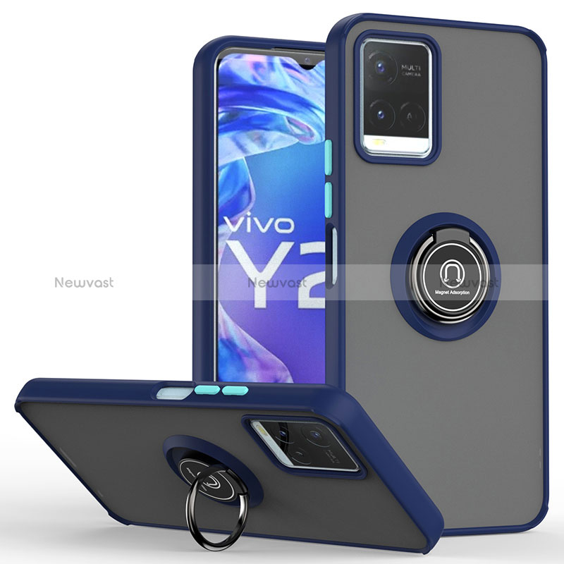 Silicone Matte Finish and Plastic Back Cover Case with Magnetic Finger Ring Stand QW2 for Vivo Y21