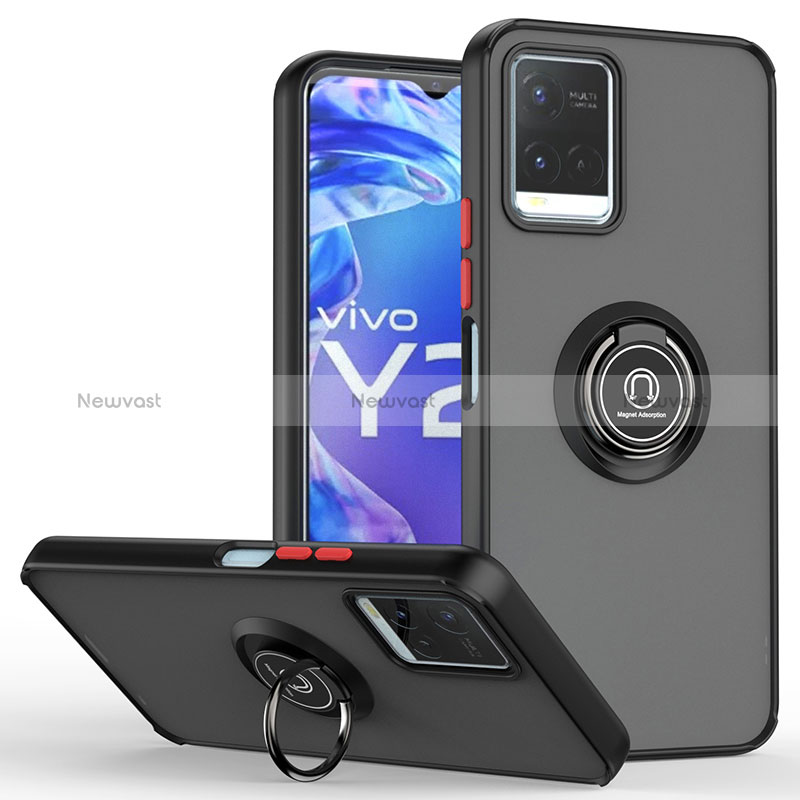 Silicone Matte Finish and Plastic Back Cover Case with Magnetic Finger Ring Stand QW2 for Vivo Y21