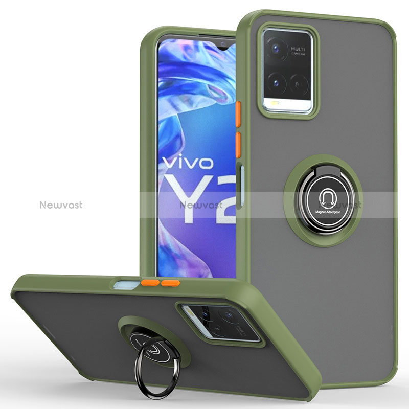 Silicone Matte Finish and Plastic Back Cover Case with Magnetic Finger Ring Stand QW2 for Vivo Y21 Army green