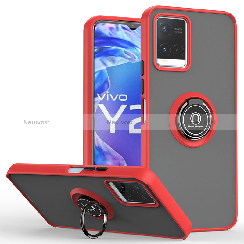 Silicone Matte Finish and Plastic Back Cover Case with Magnetic Finger Ring Stand QW2 for Vivo Y21 Red