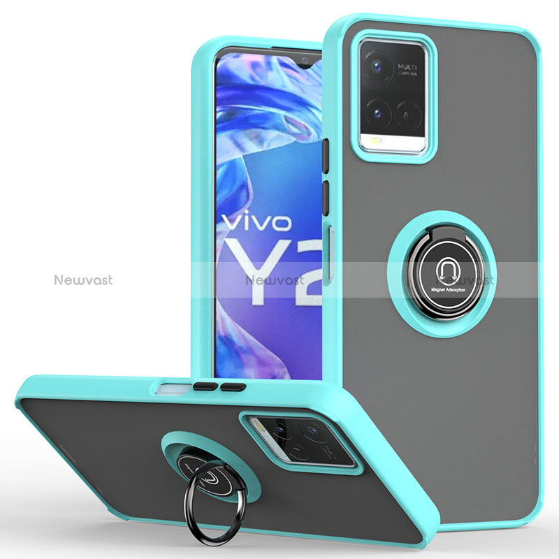 Silicone Matte Finish and Plastic Back Cover Case with Magnetic Finger Ring Stand QW2 for Vivo Y21a Cyan