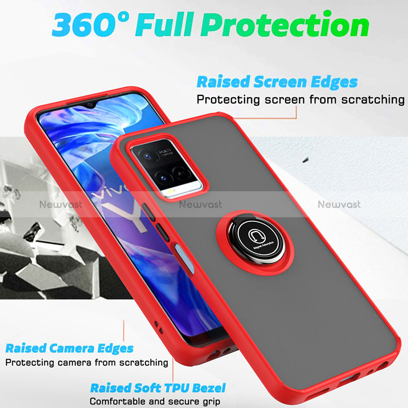 Silicone Matte Finish and Plastic Back Cover Case with Magnetic Finger Ring Stand QW2 for Vivo Y21s