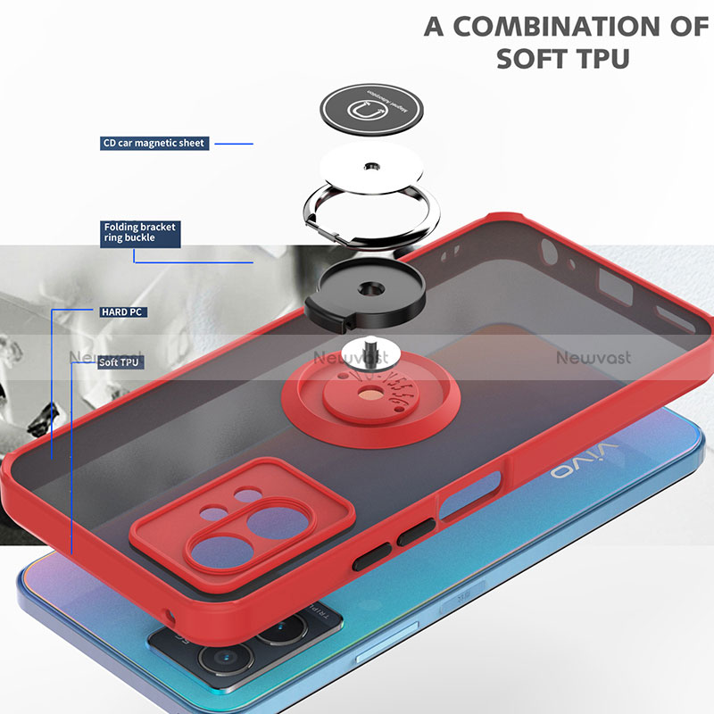 Silicone Matte Finish and Plastic Back Cover Case with Magnetic Finger Ring Stand QW2 for Vivo Y30 5G