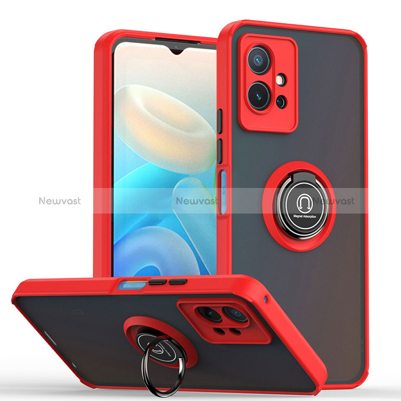 Silicone Matte Finish and Plastic Back Cover Case with Magnetic Finger Ring Stand QW2 for Vivo Y30 5G Red