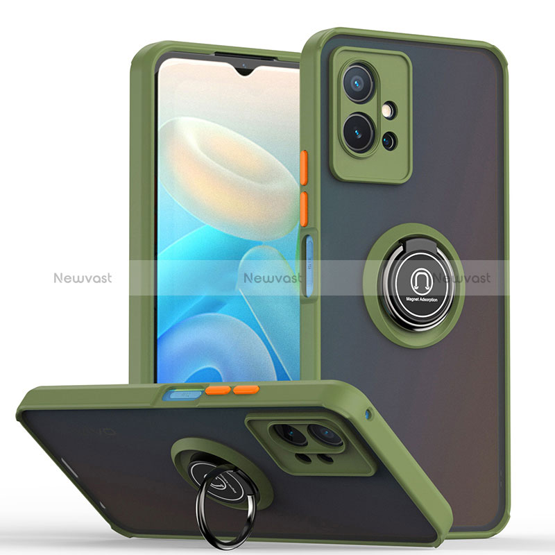 Silicone Matte Finish and Plastic Back Cover Case with Magnetic Finger Ring Stand QW2 for Vivo Y33e 5G Army green