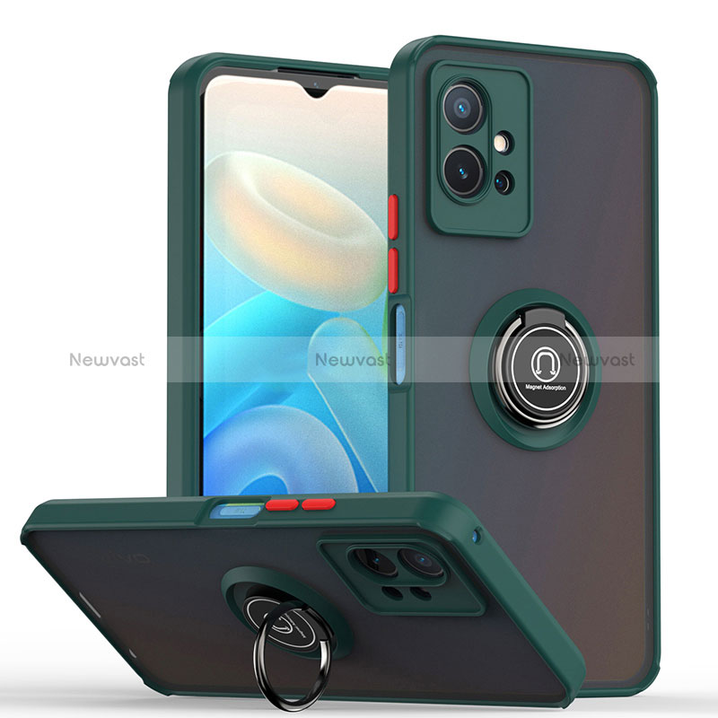 Silicone Matte Finish and Plastic Back Cover Case with Magnetic Finger Ring Stand QW2 for Vivo Y33e 5G Midnight Green