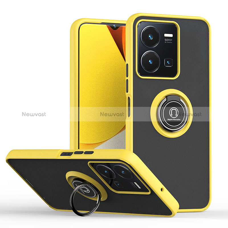 Silicone Matte Finish and Plastic Back Cover Case with Magnetic Finger Ring Stand QW2 for Vivo Y35 4G Yellow