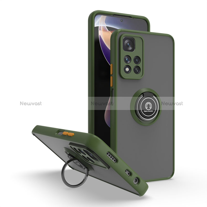 Silicone Matte Finish and Plastic Back Cover Case with Magnetic Finger Ring Stand QW2 for Xiaomi Mi 11i 5G (2022) Army green