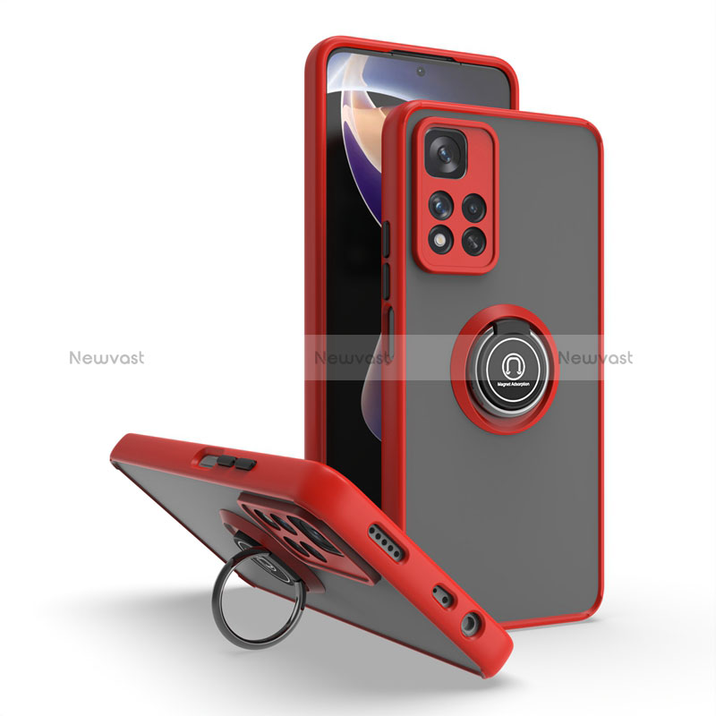 Silicone Matte Finish and Plastic Back Cover Case with Magnetic Finger Ring Stand QW2 for Xiaomi Mi 11i 5G (2022) Red