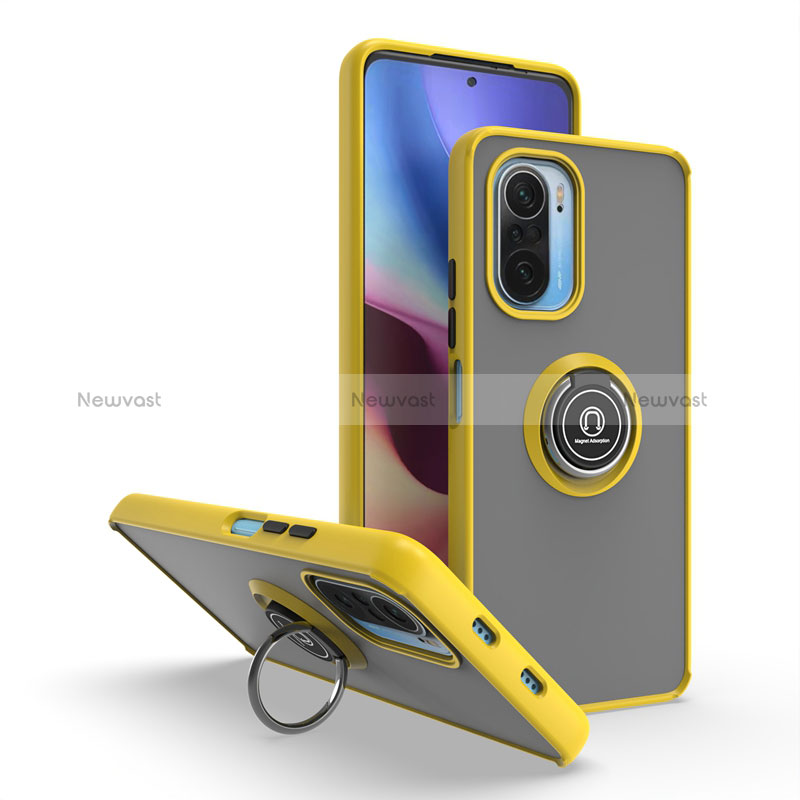 Silicone Matte Finish and Plastic Back Cover Case with Magnetic Finger Ring Stand QW2 for Xiaomi Mi 11i 5G Yellow