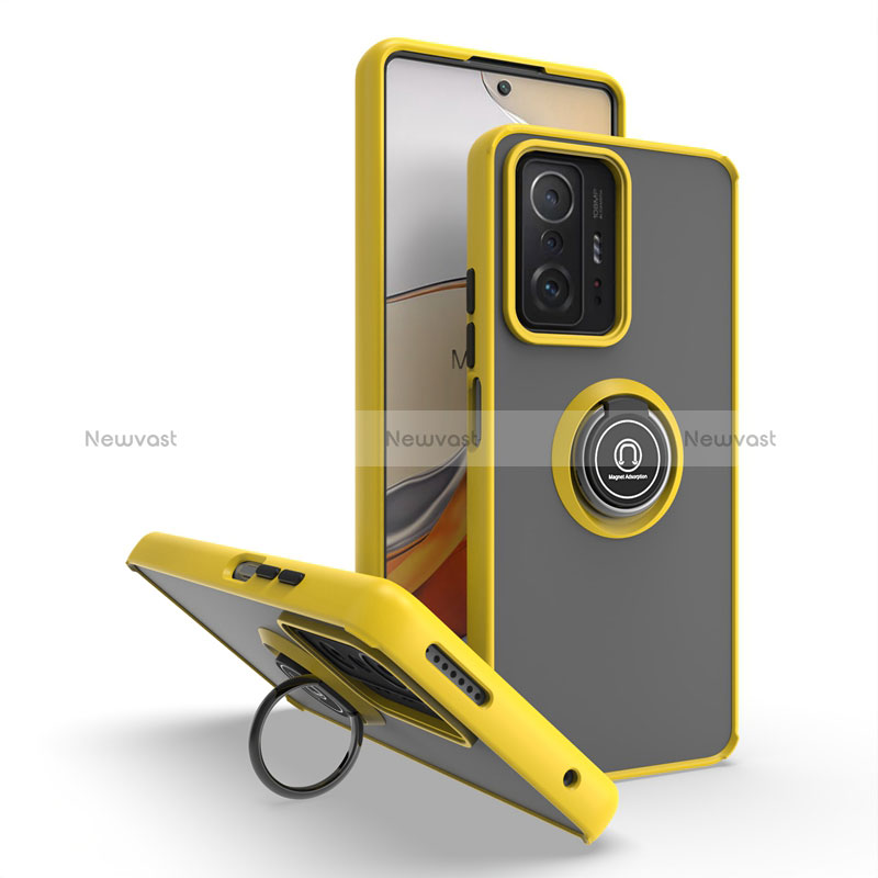 Silicone Matte Finish and Plastic Back Cover Case with Magnetic Finger Ring Stand QW2 for Xiaomi Mi 11T 5G Yellow
