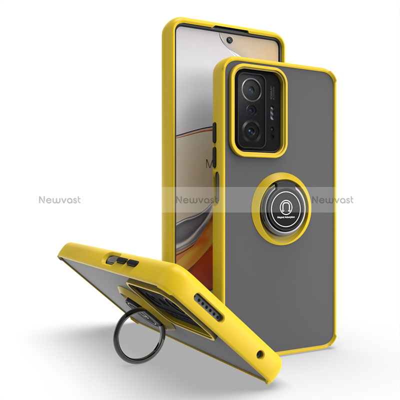 Silicone Matte Finish and Plastic Back Cover Case with Magnetic Finger Ring Stand QW2 for Xiaomi Mi 11T Pro 5G Yellow