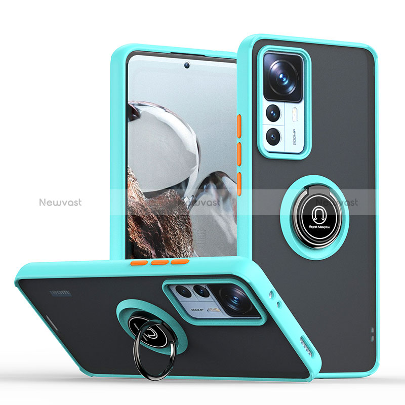 Silicone Matte Finish and Plastic Back Cover Case with Magnetic Finger Ring Stand QW2 for Xiaomi Mi 12T 5G Cyan