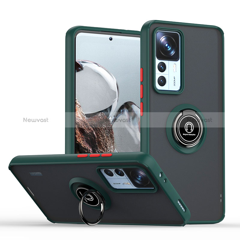 Silicone Matte Finish and Plastic Back Cover Case with Magnetic Finger Ring Stand QW2 for Xiaomi Mi 12T 5G Midnight Green