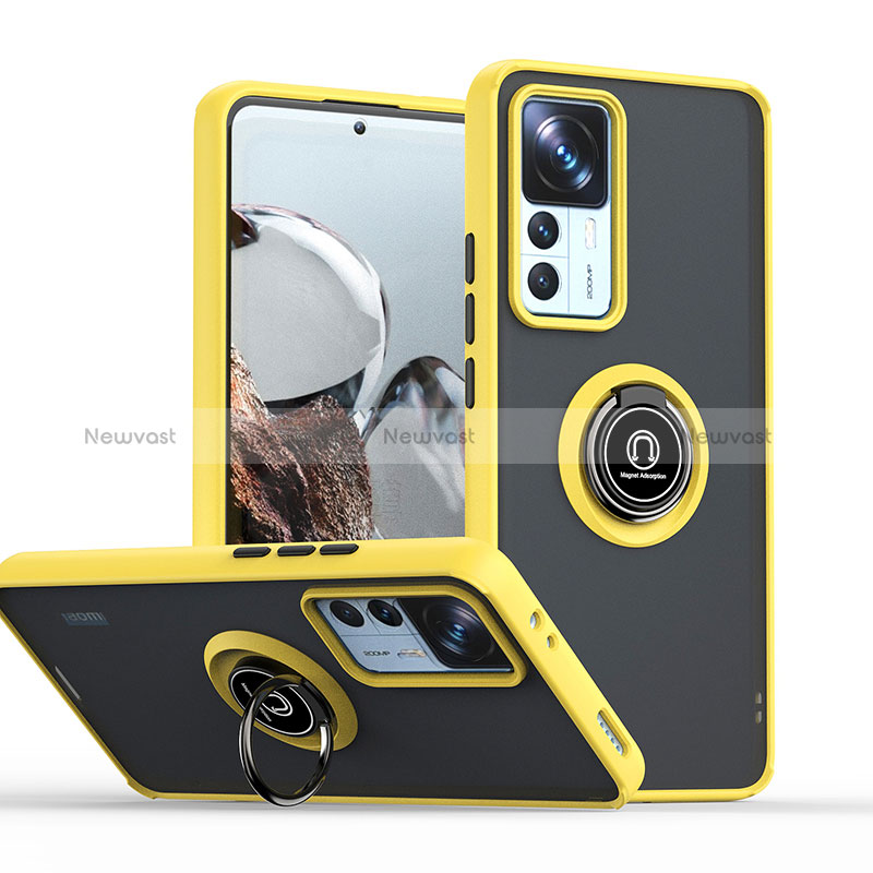 Silicone Matte Finish and Plastic Back Cover Case with Magnetic Finger Ring Stand QW2 for Xiaomi Mi 12T 5G Yellow