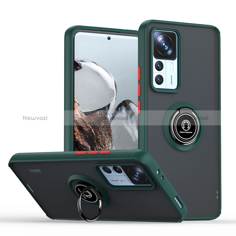 Silicone Matte Finish and Plastic Back Cover Case with Magnetic Finger Ring Stand QW2 for Xiaomi Mi 12T Pro 5G Midnight Green