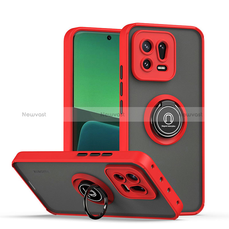 Silicone Matte Finish and Plastic Back Cover Case with Magnetic Finger Ring Stand QW2 for Xiaomi Mi 13 5G Red