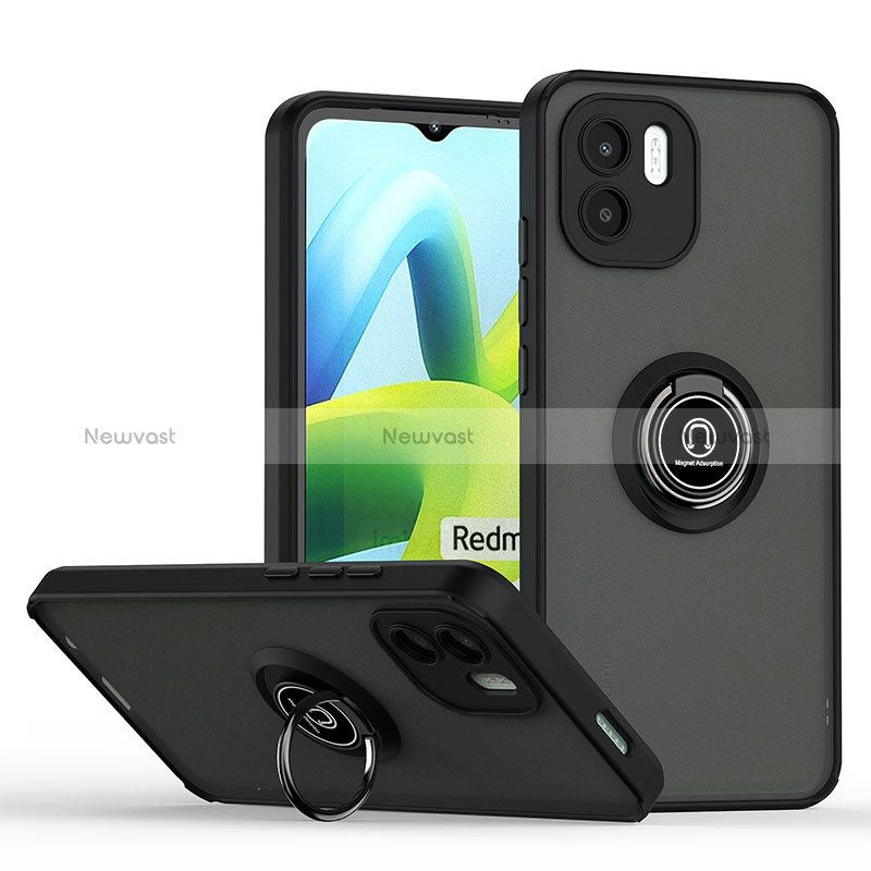 Silicone Matte Finish and Plastic Back Cover Case with Magnetic Finger Ring Stand QW2 for Xiaomi Poco C50 Black