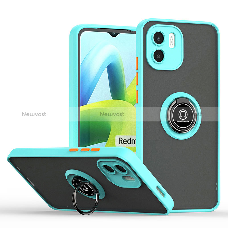 Silicone Matte Finish and Plastic Back Cover Case with Magnetic Finger Ring Stand QW2 for Xiaomi Poco C50 Cyan