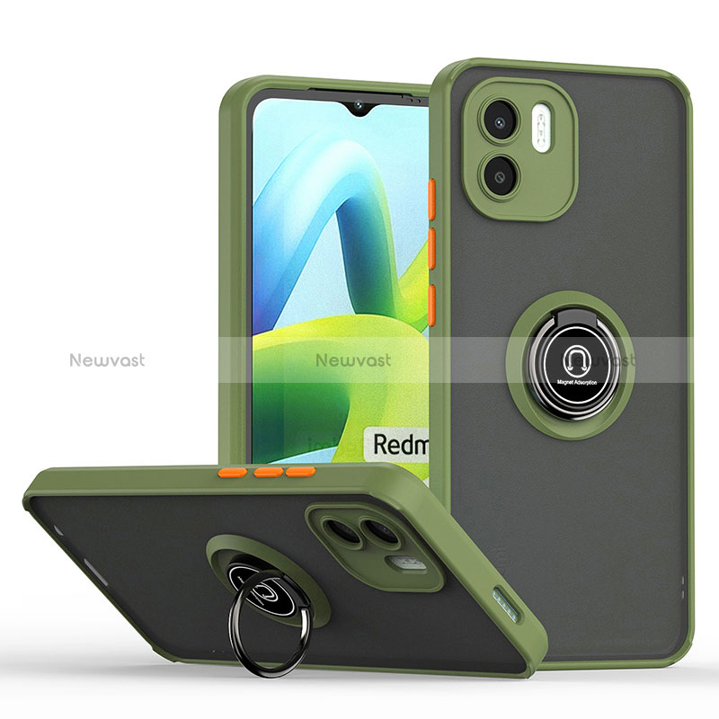 Silicone Matte Finish and Plastic Back Cover Case with Magnetic Finger Ring Stand QW2 for Xiaomi Poco C51 Army green