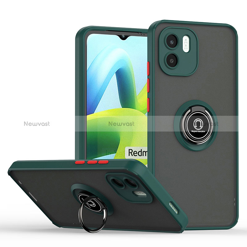 Silicone Matte Finish and Plastic Back Cover Case with Magnetic Finger Ring Stand QW2 for Xiaomi Poco C51 Midnight Green