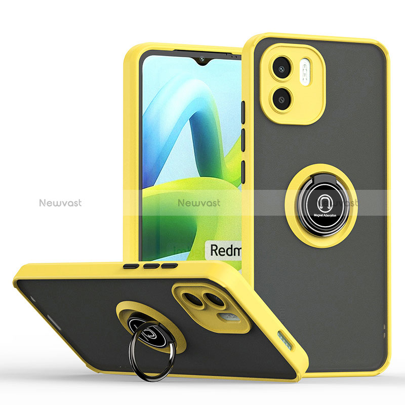 Silicone Matte Finish and Plastic Back Cover Case with Magnetic Finger Ring Stand QW2 for Xiaomi Poco C51 Yellow