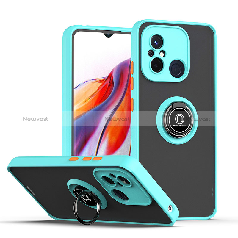 Silicone Matte Finish and Plastic Back Cover Case with Magnetic Finger Ring Stand QW2 for Xiaomi Poco C55 Cyan