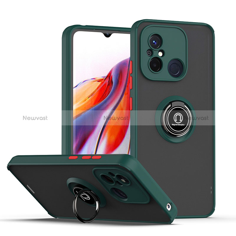 Silicone Matte Finish and Plastic Back Cover Case with Magnetic Finger Ring Stand QW2 for Xiaomi Poco C55 Midnight Green