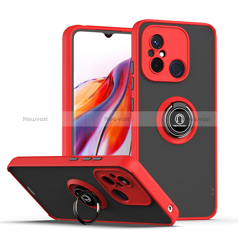 Silicone Matte Finish and Plastic Back Cover Case with Magnetic Finger Ring Stand QW2 for Xiaomi Poco C55 Red